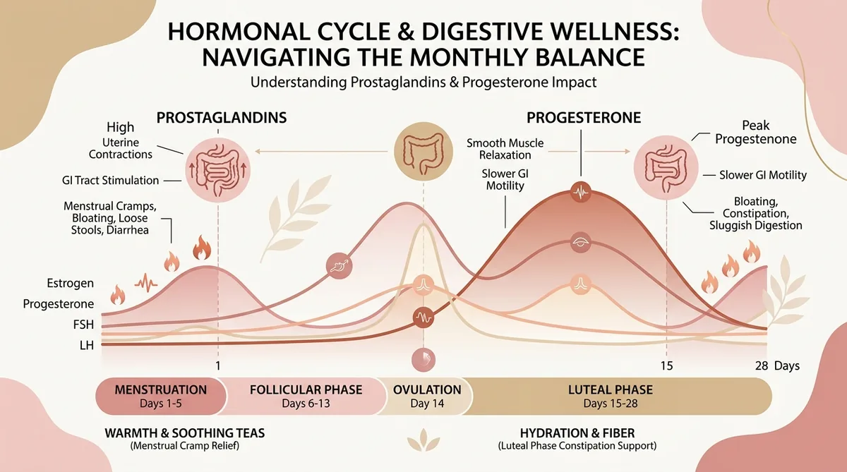 Infographic showing the hormonal fluctuations of progesterone and prostaglandins across the cycle alongside gut symptoms
